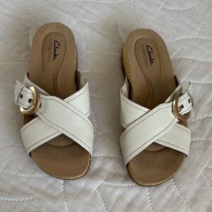 Clarks Collection Leather Slide Sandals- Reileigh May-Off White Size 7